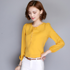 Baru leher bulat ukuran besar kemeja lengan panjang kemeja sifon (Kuning) (Kuning) baju wanita baju atasan kemeja wanita blouse wanita