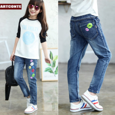 Jeans Model Musim Semi dan Musim Gugur Anak Celana Panjang Wanita Remaja (Berwarna-warni Cetak Lipstik--Celana Panjang)