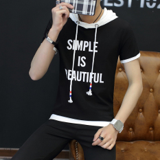 Baru musim panas hit warna berkerudung warna solid lengan pendek t-shirt (Hitam) (Hitam) baju atasan kaos pria kemeja pria