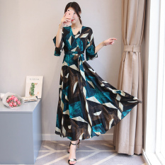 Gaun Wanita Sifon Pelangsing Pinggang Leher V Motif Cetak (Hijau) (Hijau)