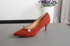Batu Kristal Udara Hitam Sepatu Hak Perempuan Sepatu Hak Rendah (Bata Merah)