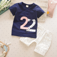 Bayi Laki-laki Lengan Pendek Celana Pendek Children Kaus (2 Kata Biru Tua)