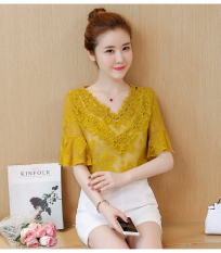Benang Bersih Wanita Berongga Lengan Terompet Baju Dalaman Renda Atasan (Kuning)