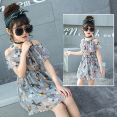 Besar Korea sifon baru anak-anak rok anak perempuan gaun (Abu-abu terang)