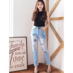 Best Seller - Celana Fashion Wanita - BoyFriend Plain BF V705 Ripped Kacamata / Ancien Store