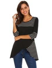 Terbaik Penjual Sunwonder Mode untuk Wanita O-Leher 3/4 Lengan Bergaris Kemeja Hem Tinggi Rendah (Hitam)