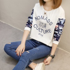 Xianyuansu Kaos Wanita Lengan Panjang Motif Tulisan Renda Model Longgar 2 Warna (159 (putih))