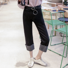 Looesn Wanita Musim Semi dan Berpinggang Tinggi Celana Panjang Pergelangan Kaki Curling Jeans (Hitam)