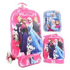 BGC Disney Frozen Elsa Anna Olaf Prince Hans Pink Koper Set Troley T 3D Timbul Import 6 Roda Tas + Lunch Bag + Kotak Pensil + Alat Tulis Sekolah Anak Hard Cover