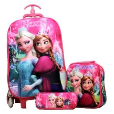 BGC Disney Frozen Pink Crown Koper Set Troley T + Lunch Box + Kotak Pensil 3D Timbul Import Hard Cover Tas Anak Sekolah