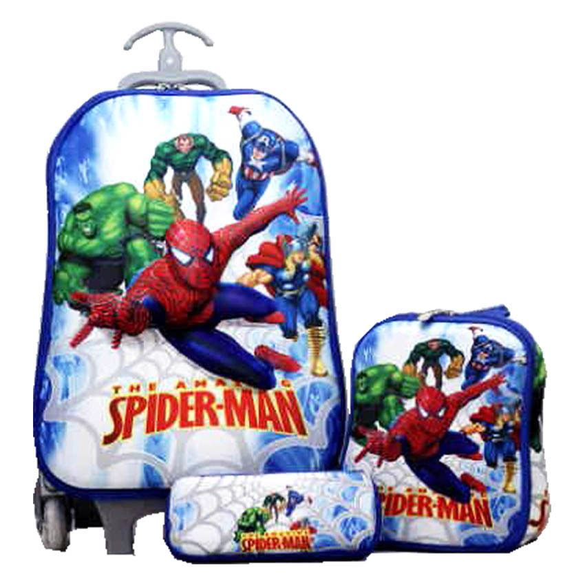 BGC Marvel Avenger and Spiderman Koper Set Troley T + Lunch Box + Kotak Pensil 3D Timbul Import Hard Cover Tas Anak Sekolah