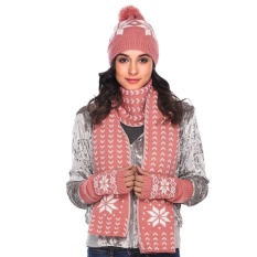 Big Discount Women Warm Knitted Shawl Wrap Neck Stole Long Scarf Hat Gloves Set (Pink)