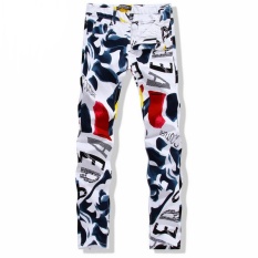 Besar Ukuran 28-43 Putih Cetak Pria Jeans Fashion Pria Unik Cotton Jeans untuk Man Men's Casual Puing-puing Celana Motif-Intl