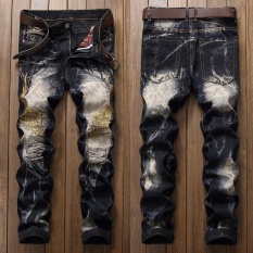Ukuran Besar 29-42 Pria Jeans Robek Slim Fit Hip Hop Denim Celana Lubang Jeans Pria Tinggi Kualitas Motor Celana Punk Homme Bordir-Hitam