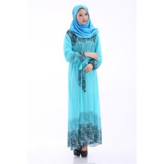 Ukuran Besar Wanita Muslim Renda Ramping Panjang Gaun Baju Kurung Arabloose Pas Pakaian Gelang Kaki Panjang Khusus untuk Ramadan (Biru) -Internasional