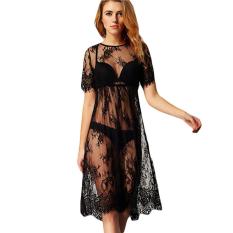 Kuhong Bikini Cover-up Long Black See Through Beach Wear Lace Sexy Gaun Musim Panas Wanita Gaun Pengantin Dress Midi-Intl