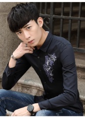 HITAM Pria Korea Musim Gugur Baru Kemeja Pria Lengan Panjang Kemeja Putih Slim BARU All-Match Casual Shirt Printing Metrosexual Youth- INTL