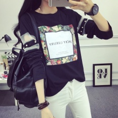 BLACK New Autumn Women NEW T-shirt Nail Bead Long Sleeve Pure Cotton T Shirt Womens Print Flora Tops
