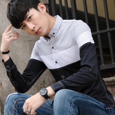HITAM Musim Semi Musim Gugur Pria Lengan Panjang Kemeja BARU Patchwork Pria Slim Fresh Hand Leisure Shirt-Intl