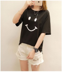 Hitam T-shirt Wanita Tersenyum Wajah Cetak Musim Panas BARU Wanita Fashion Tops Ladies Tee Kemeja Lengan Pendek Kasual Tops Tees -Intl