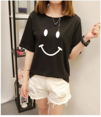 Hitam T-shirt Wanita Tersenyum Wajah Cetak Summer Wanita Fashion Tops Ladies Tee Kemeja Lengan Pendek Kasual Tops Tees- INTL