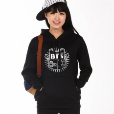 Hitam Wanita Hoodie Modis Kasual Cepat Kering Lengan Panjang Sweatshirt Rekreasi Kebugaran Latihan Jaket Mantel Bertudung Olahraga BTS Cetak -Intl