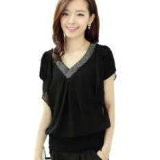 Blus musim panas 2016 baru berlengan pendek kain sutera tipis baju leher V bermanik-manik Ukuran Lebih M-4XL Hitam - Internasional
