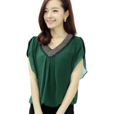 Blus musim panas 2016 baru berlengan pendek kain sutera tipis baju leher V bermanik-manik Ukuran Lebih M-4XL hijau - Internasional