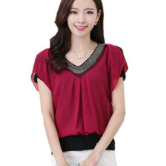 Blus Panas Musim 2016 Baru Berlengan Bang Bang Pendek Kain Tipis Baju Sutera Leher V Bermanik-manik Ukuran Lebih Baik M-4XL Merah-Internasional