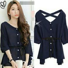 Toko Baju Blouse Lengan Panjang / Blouse Wanita Kancing depan / Blouse Wanita Polos / Tshirts Kaos Wanita Sabrina Kasual Formal Santai Hem Kemeja Fashion Bangkok / Blus Korean Style / Blouse Wanita Modern / blus wanita terbaru (NnyFi) NR - Navy D3C