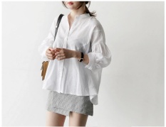 Fashion Baju Blus Wild Sederhana Kerah Putih Liar Kemeja Wanita Longgar Kasual Kemeja Wanita-Intl