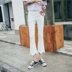 Boboky Putih Jins Gaya Korea Pertengahan Pinggang Denim Celana Gombor Celana Ketat Jeans Pelangsing untuk Wanita Celana Flare BO84E2 (Warna: seperti Gambar Pertama)-Intl