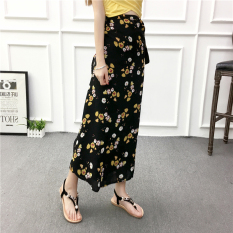 Bohemia Sifon Perempuan Setengah Panjang Model Rok Span Rok Setengah Badan (6020 Dasar Hitam Bunga Kuning)