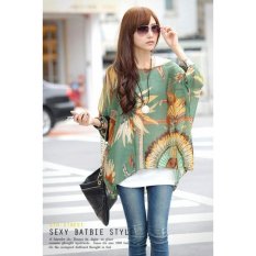 Bohemian STYLE WANITA Terlalu Besar Dolman Sleeve Colorful Chiffon Shirt-Intl