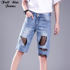Pacar Plus Ukuran Hollow Out Fishnet Lutut Panjang Bermuda Ditambal Mesh Musim Panas Besar Lubang Longgar Lurus Pengemis Denim Jeans 4XL -Intl