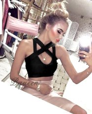 Bqueen 2017 Baru Off Bahu Criss-cross Halter Tanpa Lengan Backless Bandage Crop Top Summer Grosir-Intl