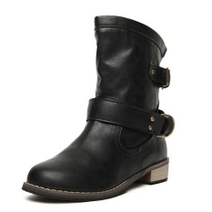 Merek PU Leather Motorcycle Boots Sepatu Biker Wanita Gothic Punk Combot Booties Buckle Strap Platform Ankle Boots Wanita (HITAM) -Intl