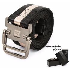 BREWYN Double Metal Buckle Canvas Belt / Ikat pinggang pria / Sabuk Pria - JACKSON - HITAM STRIPE KHAKI