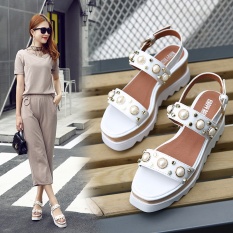 Gaya Inggris Pearl Rivet Star Meningkatkan Sepatu Tebal Bawah Pine Kue Lereng dengan Terkena Toe Bertumit Tinggi Wanita Sandal, Putih-Intl