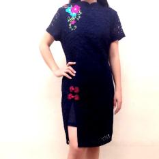 Brokat Semi Cheongsam Dengan Bunga Warna - Navy