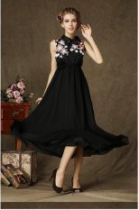 Buenos Ninos Sifon Tanpa Lengan Berkerah Bordir Bohemian Gaun Renda V-neck Elegan Rok Maxi Hitam