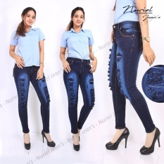 Bumi Raya - Celana Jeans Wanita – Premium Quality – Celana Jenas Skinny Sobek – BM002 Biru Dongker