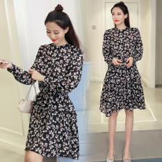 Bunga Gadis Mori Model Musim Semi Elastis Lengan Panjang Jersey Rayon Gaun (Warna Dasar Putih Kecil Bunga) baju Wanita Gaun Wanita Gaun Wanita