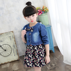 Bunga Koboi Musim Semi Produk Baru Lengan Panjang Rok Berbentuk Huruf Yang Anak Perempuan Gaun (Biru Jas Rok Motif flowers Set)