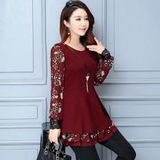Kemeja Sifon Korea Fashion Style Baru Baju Dalaman Bermotif Bunga (Anggur merah)