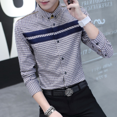 Kemeja Lengan Panjang Slim Fit Pria Motif Kotak Gaya Korea