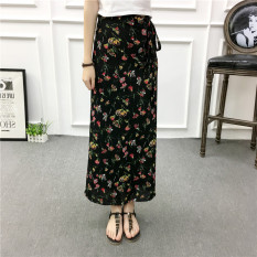 Rok Setengah Badan Sifon Pinggang Tinggi Rok Bagian Panjang Renda (6020 Dasar Hitam Bunga Merah)