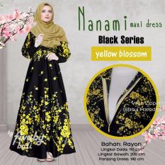 Busana Muslim Elegan Wanita Gamis Rayon Bali Motif Indah NNM Maxi Dress Seri Hitam Warna Kuning