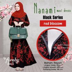 Busana Muslim Elegan Wanita Gamis Rayon Bali Motif Indah NNM Maxi Dress Seri Hitam Warna Merah