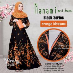 Busana Muslim Elegan Wanita Gamis Rayon Bali Motif Indah NNM Maxi Dress Seri Hitam Warna Orange